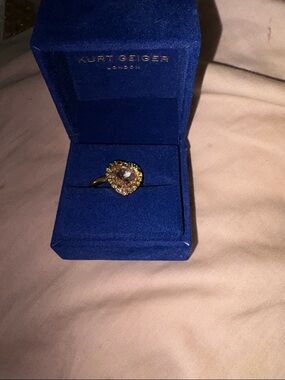 Kurt Geiger Gold Ring with Clear Heart Crystal and Green Accent Stones